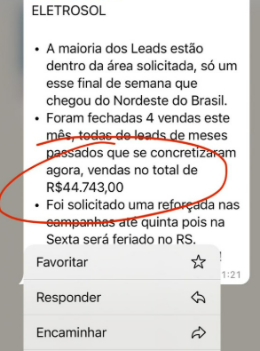 Print de WhatsApp: R$ 44.743 reativando lead frio