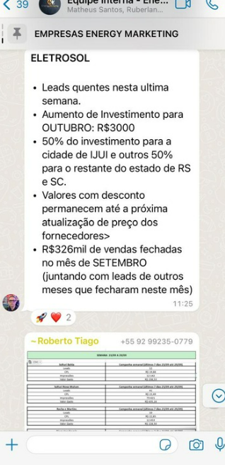 Print de WhatsApp: R$ 326.000 em setembro