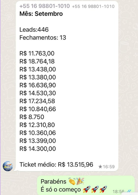 Print de WhatsApp: 13 fechamentos em setembro